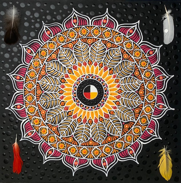 Mandala with Feathers and Medicine Wheel - Medium=Acrylic on Canvas - 20" x 20".  $300