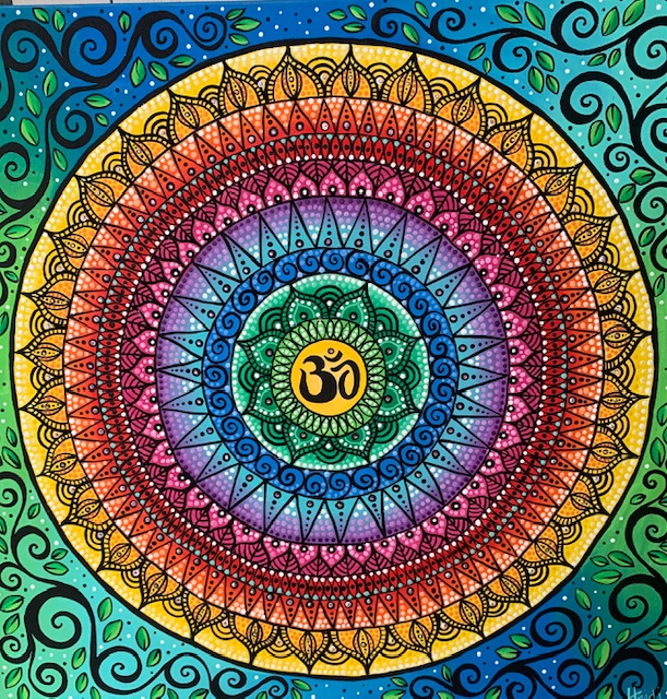 Rainbow Mandala with Ohm Swarovski Crystal- Medium=Acrylic on Canvas - 24" x 24". $600